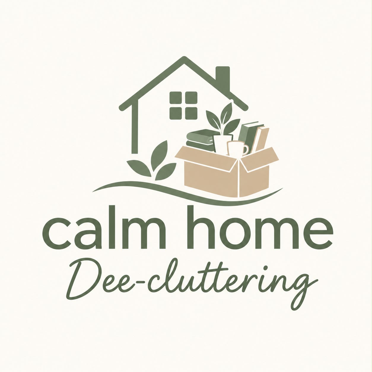 Calm Home decluttering logo with a house, plants and a box of belongings